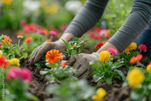 Close-up of woman's hands planting colorful flowers into the soil in home garden. Female gardener decorates a flower bed on a warm spring day. Spring and gardening concept.