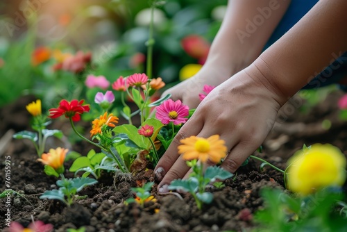 Close-up of woman's hands planting colorful flowers into the soil in home garden. Female gardener decorates a flower bed on a warm spring day. Spring and gardening concept.
