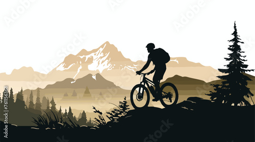 Fototapeta Naklejka Na Ścianę i Meble -  A mountain biker with backpack crosses a silhouetted