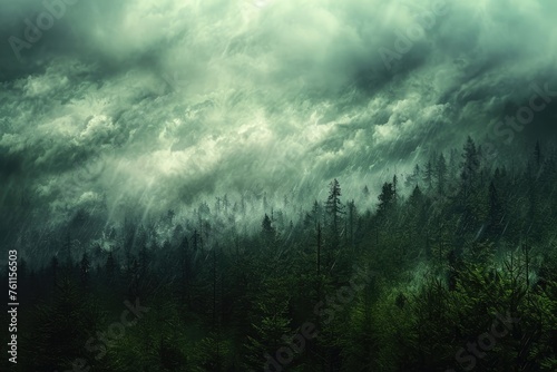A heavily populated forest brimming with countless trees stands beneath a sky filled with clouds, A storm as seen from the edge of the forest, AI Generated