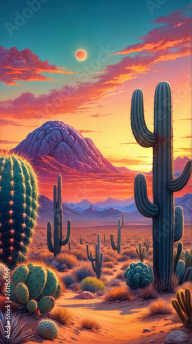 a desert scene at sunset with a red sky, cacti in the foreground