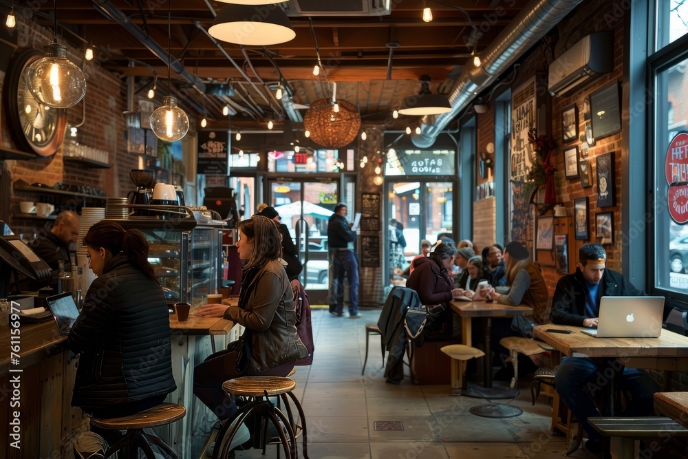 Vibrant Coffee Shop Atmosphere, Communal Tables Scene