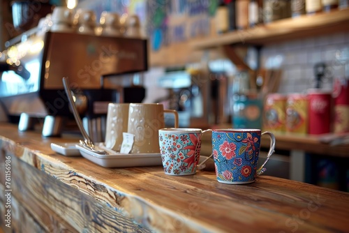 Artisan Coffee Mugs on Rustic Table, Coffee Shop Detail