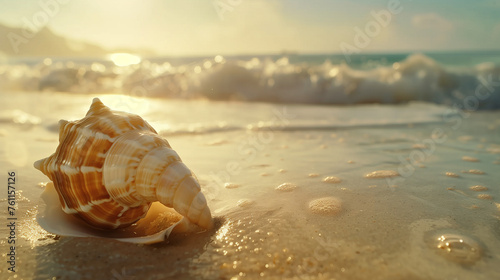 Seashell on sandy shore with waves in golden sunrise light. Relaxation and Summertime background.