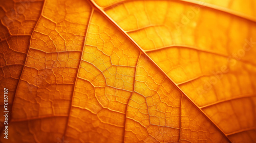 Ultra-detailed macro shot capturing the intricate veins of a maple leaf in warm amber light. Generative AI