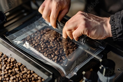 Sealing Freshly Roasted Coffee Beans in Airtight Bags, Close-Up