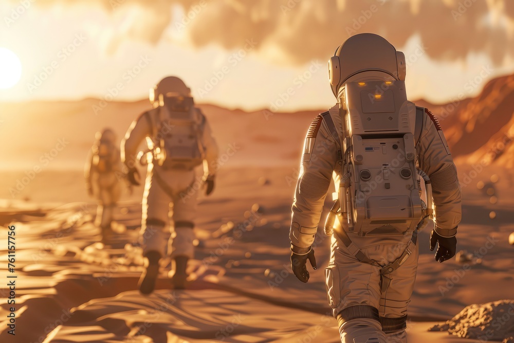 astronauts in spacesuits walk on the planet Mars. space travel, space exploration, flight to Mars, Colonization, Mars exploration astronauts in spacesuits walk on the planet Mars. space travel, space exploration, flight to Mars, Colonization, Mars exploration
