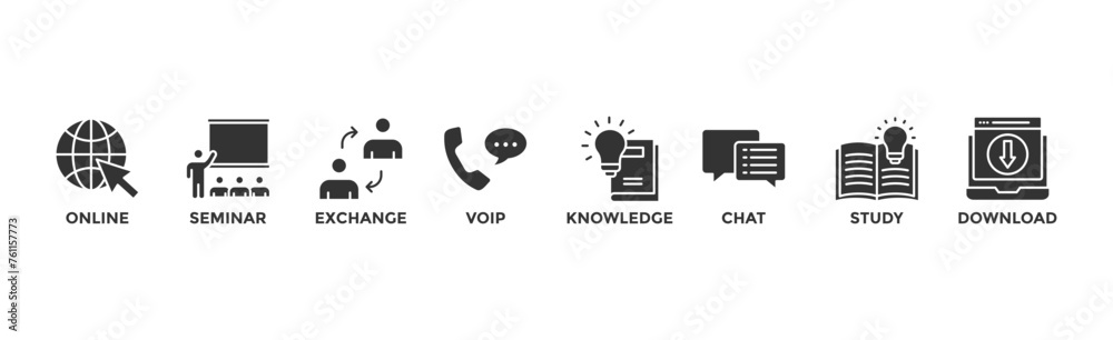 E-learning banner web icon vector illustration concept with icon of online, seminar, exchange, voip, knowledge, chat, study and download E-learning banner web icon vector illustration concept with icon of online, seminar, exchange, voip, knowledge, chat, study and download