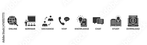 E-learning banner web icon vector illustration concept with icon of online  seminar  exchange  voip  knowledge  chat  study and download