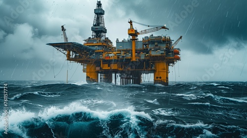 Oil Drilling Rig in High Seas with Rainstorm. Oil platform endures torrential rain and towering waves, showcasing the harsh working conditions at sea. © Old Man Stocker