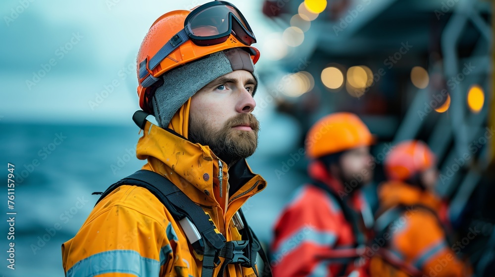Offshore Worker Overlooking the Sea at Sunset. Pensive offshore worker with safety helmet stands against a sunset backdrop on the sea. Offshore Worker Overlooking the Sea at Sunset. Pensive offshore worker with safety helmet stands against a sunset backdrop on the sea.