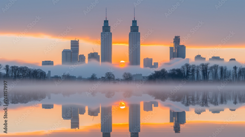 Majestic Cityscape at Dawn with Mist and Reflection