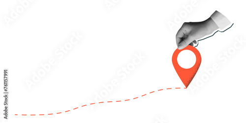 Black and white hand holds a red location pin. Destination sign in an arm in a modern collage style. Illustration on transparent background