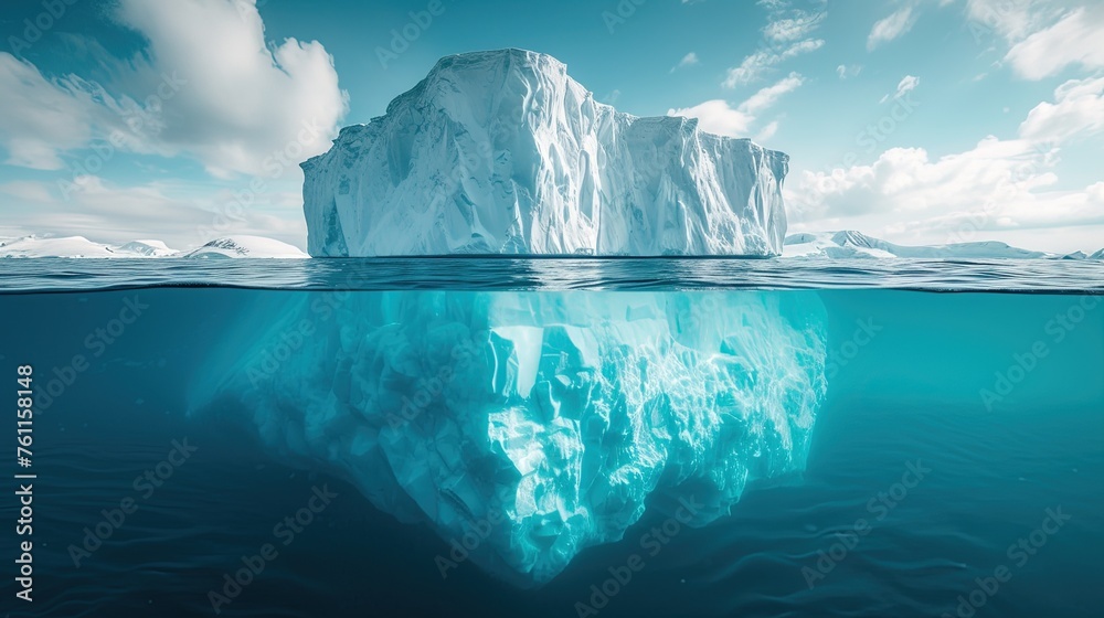 Minimalistic image of an iceberg in the ocean with a view under and above the water with a copy space. Generative AI - obrazy, fototapety, plakaty 