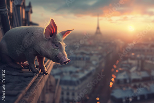 a pig on top of a tall building in the city