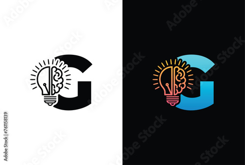 Initial letter G half of light bulb and brain isolated on white background. Letter G brain bulb logo vector design template.