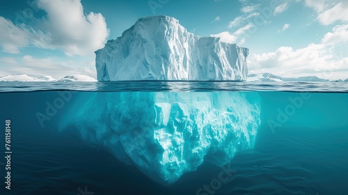 Minimalistic image of an iceberg in the ocean with a view under and above the water with a copy space. Generative AI photo