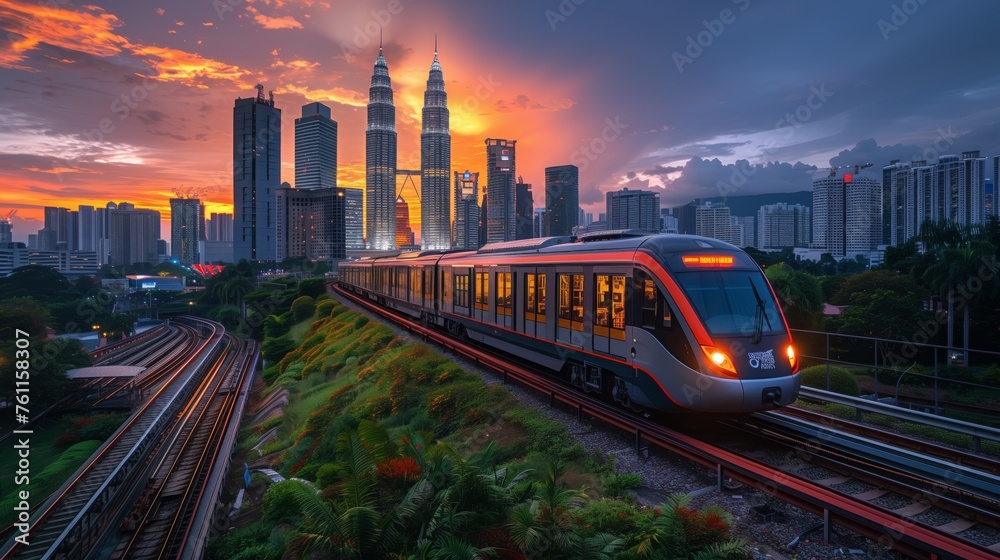 Obraz premium Commuter Train Against Kuala Lumpur Skyline at Sunset. Modern commuter train travels through lush greenery with the iconic Kuala Lumpur skyline and sunset in the background.