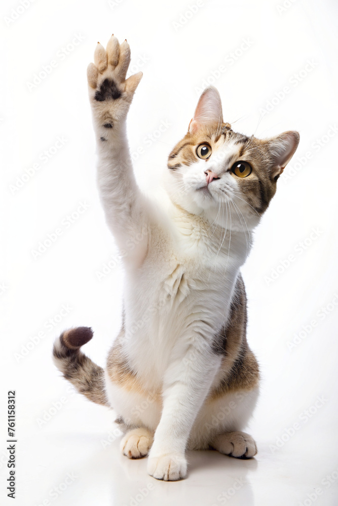A playful  cat kitten waving its paw in a realistic portrait style
