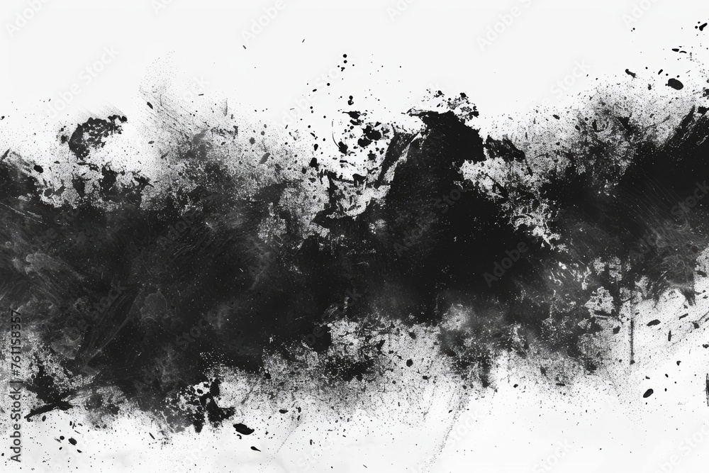 Grunge background with a black rough texture and dust, grain or dirt overlay. A grunge texture with distressed edges and dust particles, perfect for adding an aged or worn effect - obrazy, fototapety, plakaty 