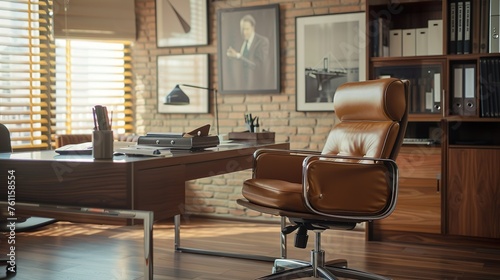 A professional workspace with a leather chair and wooden desk © Photock Agency