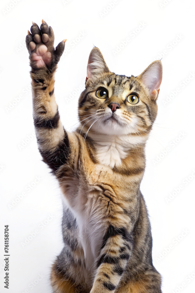 A playful  cat kitten waving its paw in a realistic portrait style
