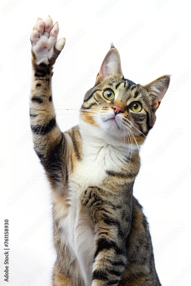 Obraz premium A playful cat kitten waving its paw in a realistic portrait style 