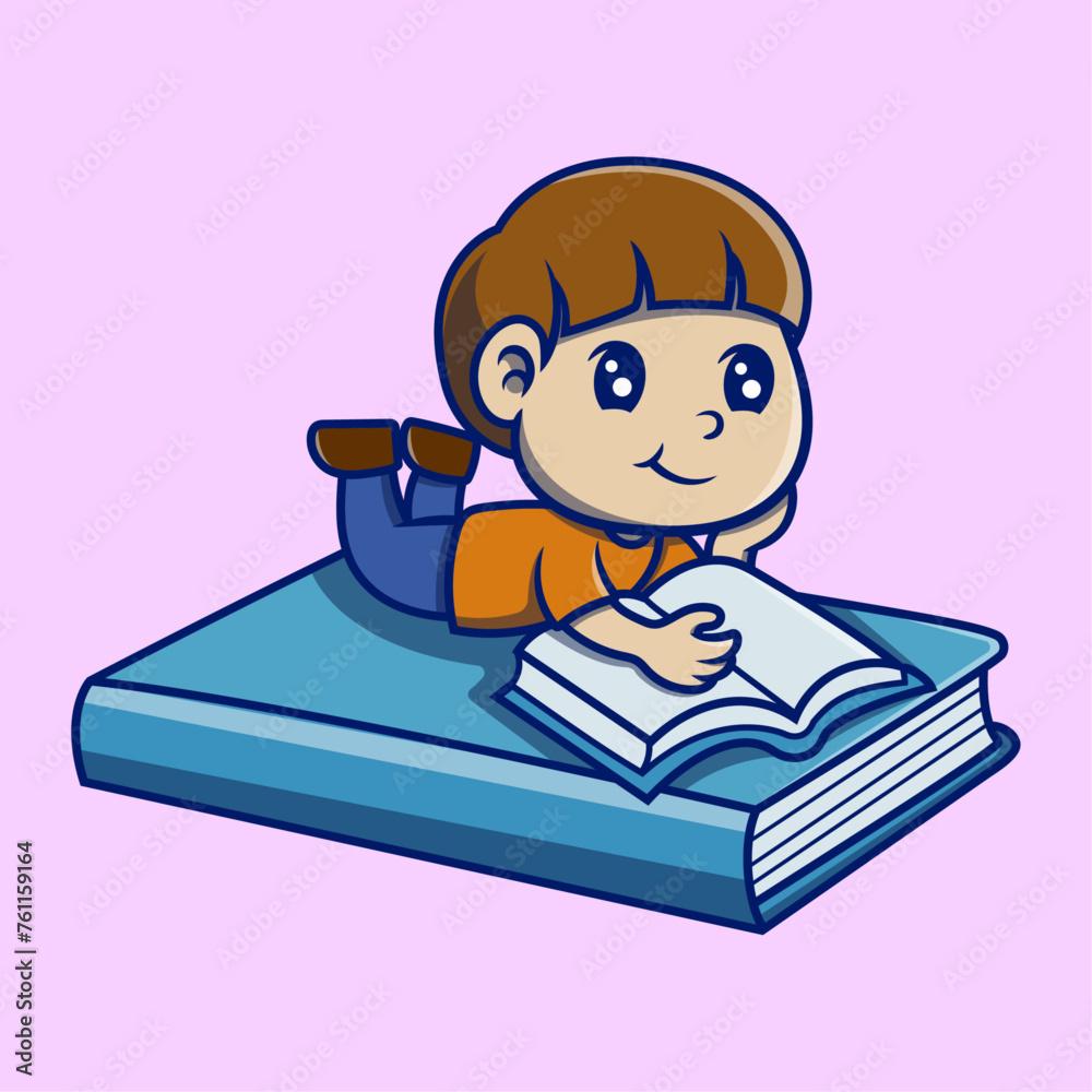 Cute a little boy studying reading book illustration. Study icon concept. Flat cartoon style. Cute a little boy studying reading book illustration. Study icon concept. Flat cartoon style.
