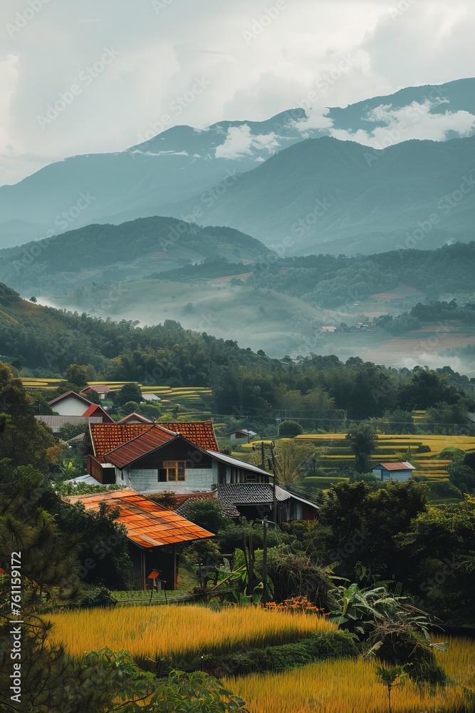 Obraz premium Embark on a journey through a picturesque countryside dotted with rolling hills and quaint farmhouses with a nature background, capturing the essence of rural charm, Generative AI