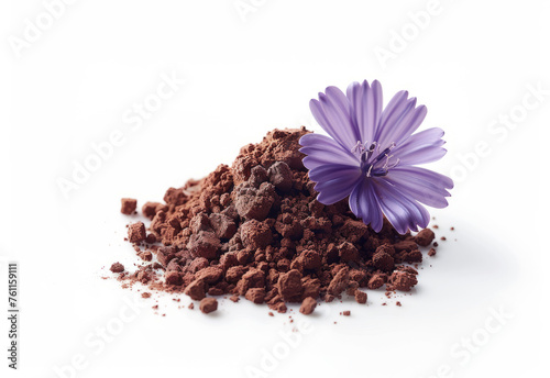 Chicory powder with flowers on white background. Concept of healthy diet in the form of drink, replacing coffee. Generative AI