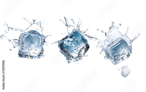 Liquid blue water flow splash and ice cubes in water splashes liquid wave on transparent background . Refreshing Blue Liquid Splash with Ice Cubes