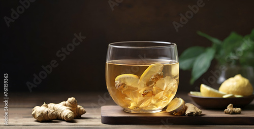 A glass cup of ginger and lemon tea on a wooden table in a balak background ai generative