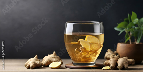 A glass cup of ginger and lemon tea on a wooden table in a balak background ai generative photo