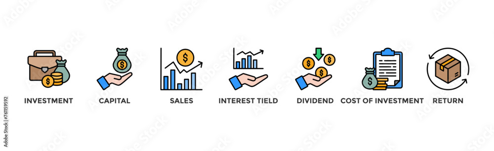 ROI banner web icon vector illustration concept for return on investment with icon of capital, sales, interest tield, dividend, cost of investment and return ROI banner web icon vector illustration concept for return on investment with icon of capital, sales, interest tield, dividend, cost of investment and return