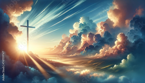 An image of a painting of the sky, clouds, and sun rays, featuring a Christian cross - Generative AI photo