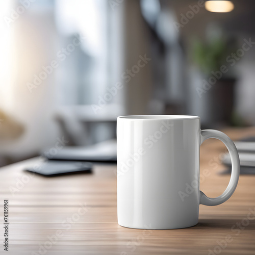 white mug mockup with workspace accessories on a white table and a ficus plant.
