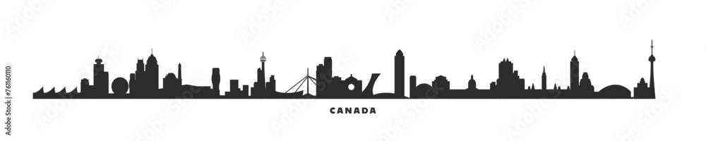 Canada country skyline with cities panorama. Vector flat banner, logo. Quebec, Ontario, Manitoba, Nova Scotia province megapolis silhouette for footer, steamer, header. Isolated graphic