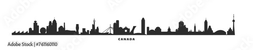 Canada country skyline with cities panorama. Vector flat banner, logo. Quebec, Ontario, Manitoba, Nova Scotia province megapolis silhouette for footer, steamer, header. Isolated graphic #761160110