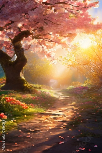 background with blossoming tree. Moody fantasy morning sunrise dreamy