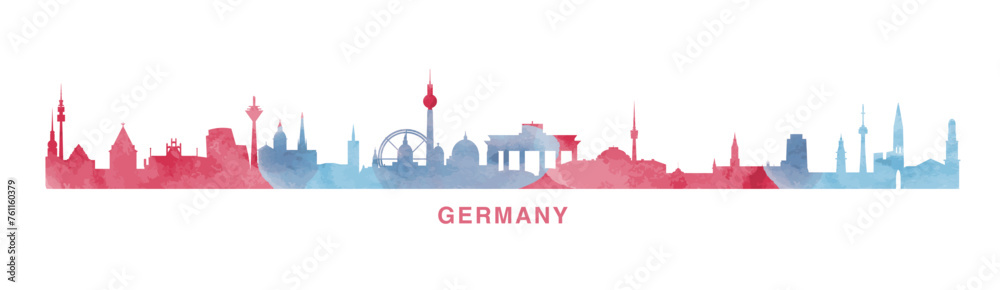 Obraz premium Germany country skyline with cities panorama. Vector flat banner, logo. Berlin, Bremen, Munich, Leipzig, Dortmund megapolis silhouette for footer, steamer, header. Isolated graphic