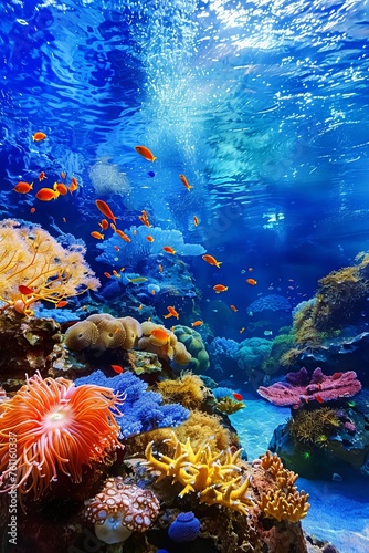 Delve into the mysterious depths of an underwater world teeming with colorful coral reefs and exotic marine life with a nature background  evoking a sense of wonder and awe  Generative AI