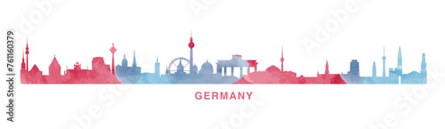 Germany country skyline with cities panorama. Vector flat banner, logo. Berlin, Bremen, Munich, Leipzig, Dortmund megapolis silhouette for footer, steamer, header. Isolated graphic