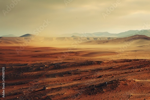 View of the planet Mars, red planet, landscape, surface of mars, rocks and mountains, exploration of mars, colonization of mars, flight to mars