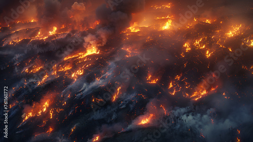 wildfires aerial view, Aerial view of massive wildfire or forest fire with burning trees and orange smoke. Generative AI.