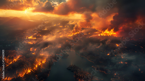 wildfires aerial view, Aerial view of massive wildfire or forest fire with burning trees and orange smoke. Generative AI. © Xpert
