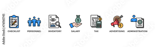 Cost reduction banner web icon vector illustration concept with icon of checklist, personnel, inventory, salary, tax, advertising and administration