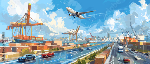 Drawing sketch depicts  bustling transport hub where multiple modes of transportation converge.