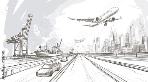 Drawing sketch depicts  bustling transport hub where multiple modes of transportation converge.