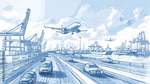 Drawing sketch depicts bustling transport hub where multiple modes of transportation converge.