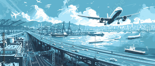 Drawing sketch depicts  bustling transport hub where multiple modes of transportation converge.